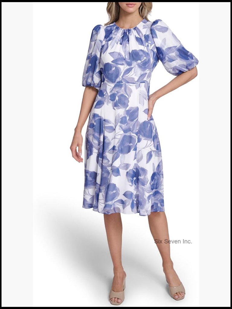 Puff Sleeve Round Neck Floral Chiffon A-Line Dress